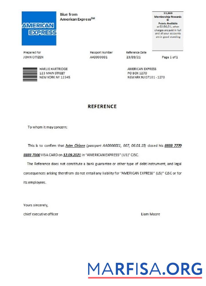 Blank USA American Express closure reference real example